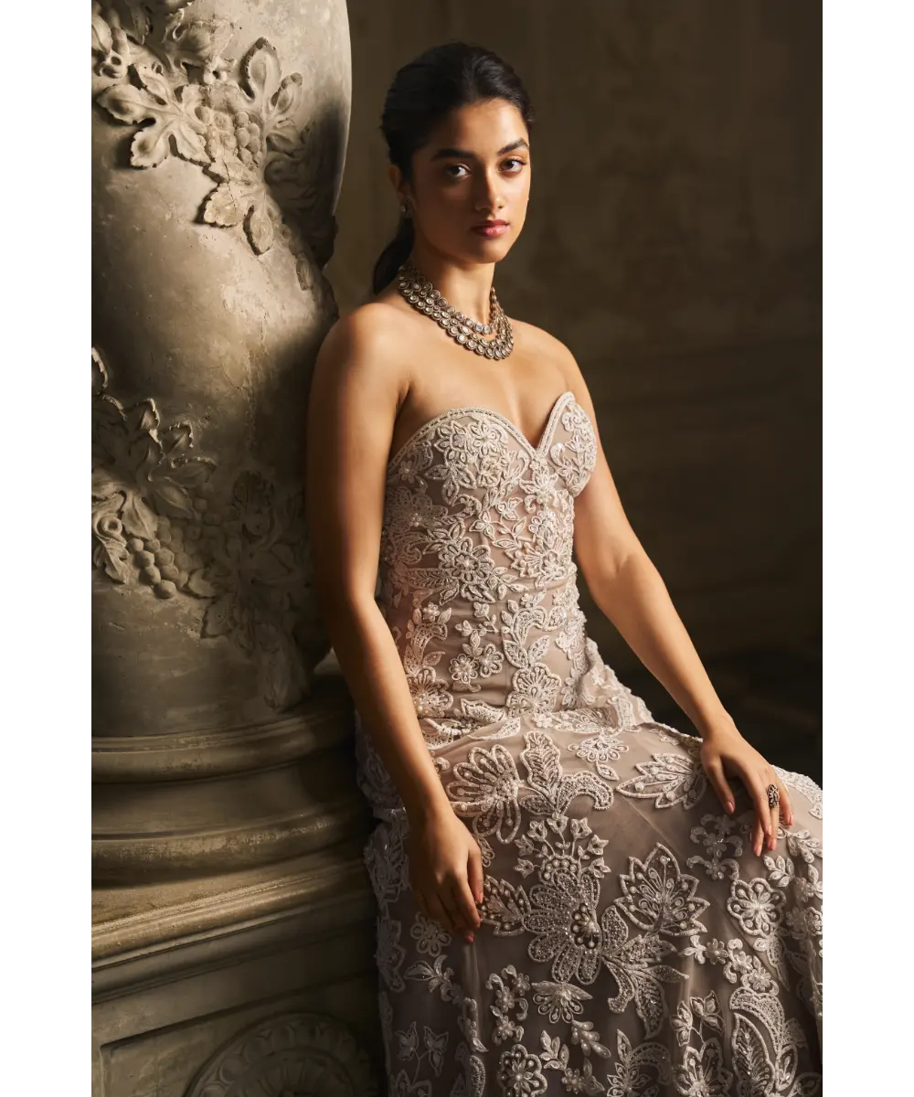SEEMA GUJRAL- Off-Shoulder Nude Gown